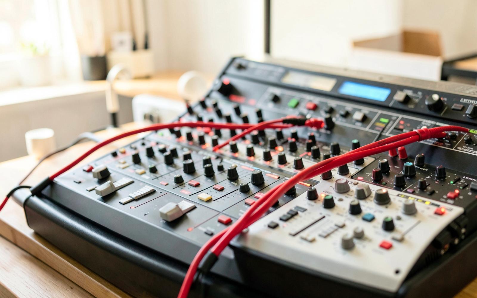 Music production console with red cables